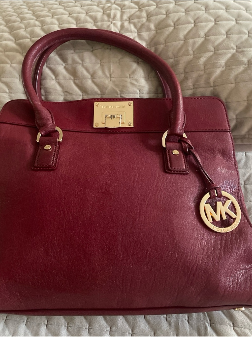 Michael Kors Burgundy Leather Satchel with Gold-Tone MK Charm